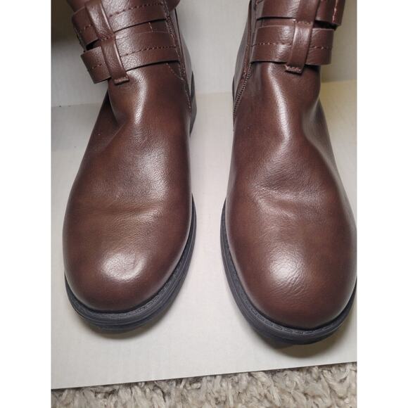 Women Size 9.5 Riding Combat Boots Low Heel Round Toe Zip Up Mid Calf Buckle - Picture 7 of 8